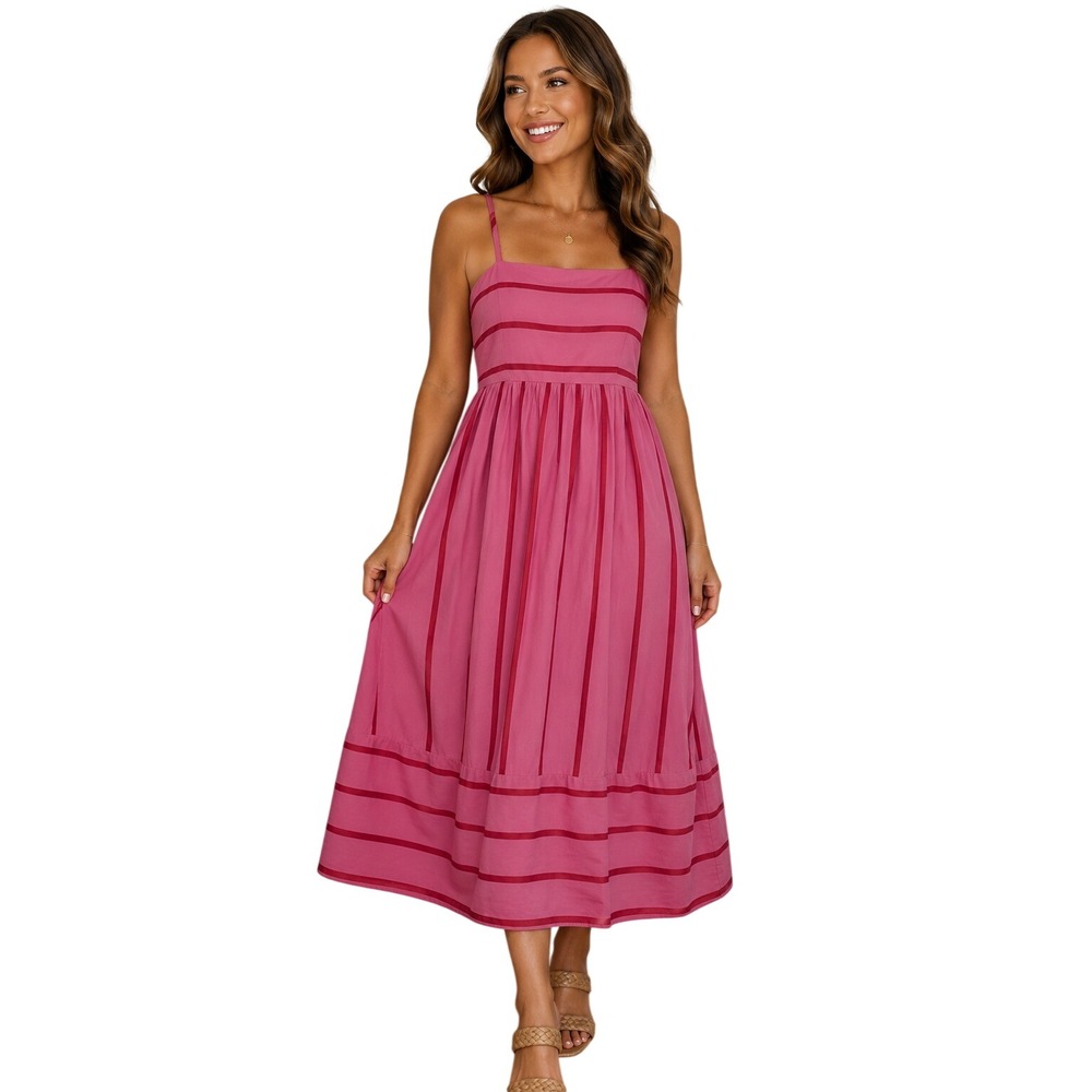 Pink Striped Cotton Midi Dress Adjustable Straps Smocked Back Pockets Medium